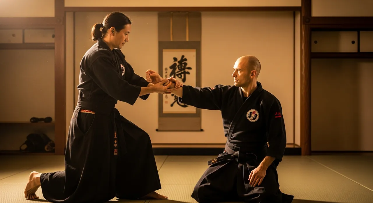 Adult students practicing martial arts techniques in a traditional dojo, demonstrating joint-lock techniques