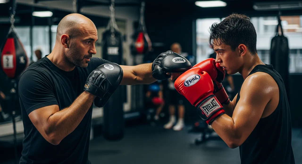 Boxing training session with a coach demonstrating combinations to a student wearing red gloves