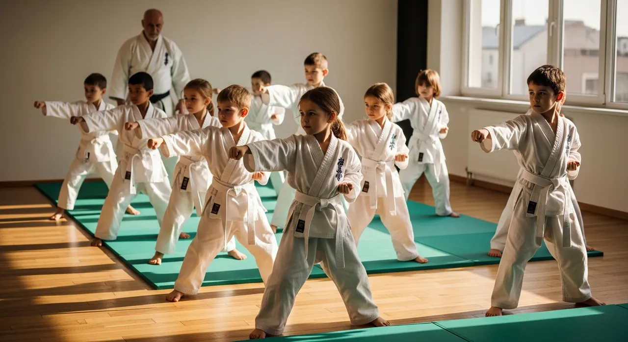Children in white martial arts uniforms practicing stances in a bright dojo under an elder instructor